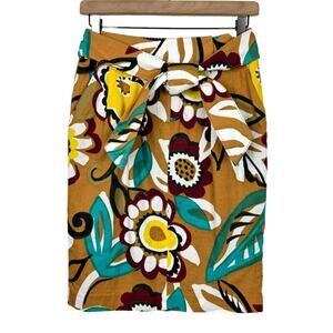 Henry New York | Brown Earthy Color Floral Print Textured Belted Pencil Skirt